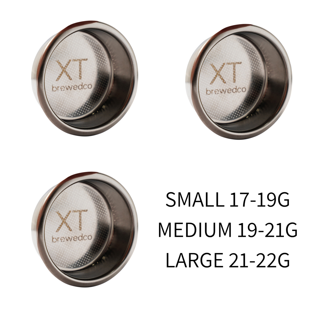 BrewedCo 3 Basket Combo – Precision Espresso Filter Basket Set (17–19 g, 19–21 g, 21–22 g)